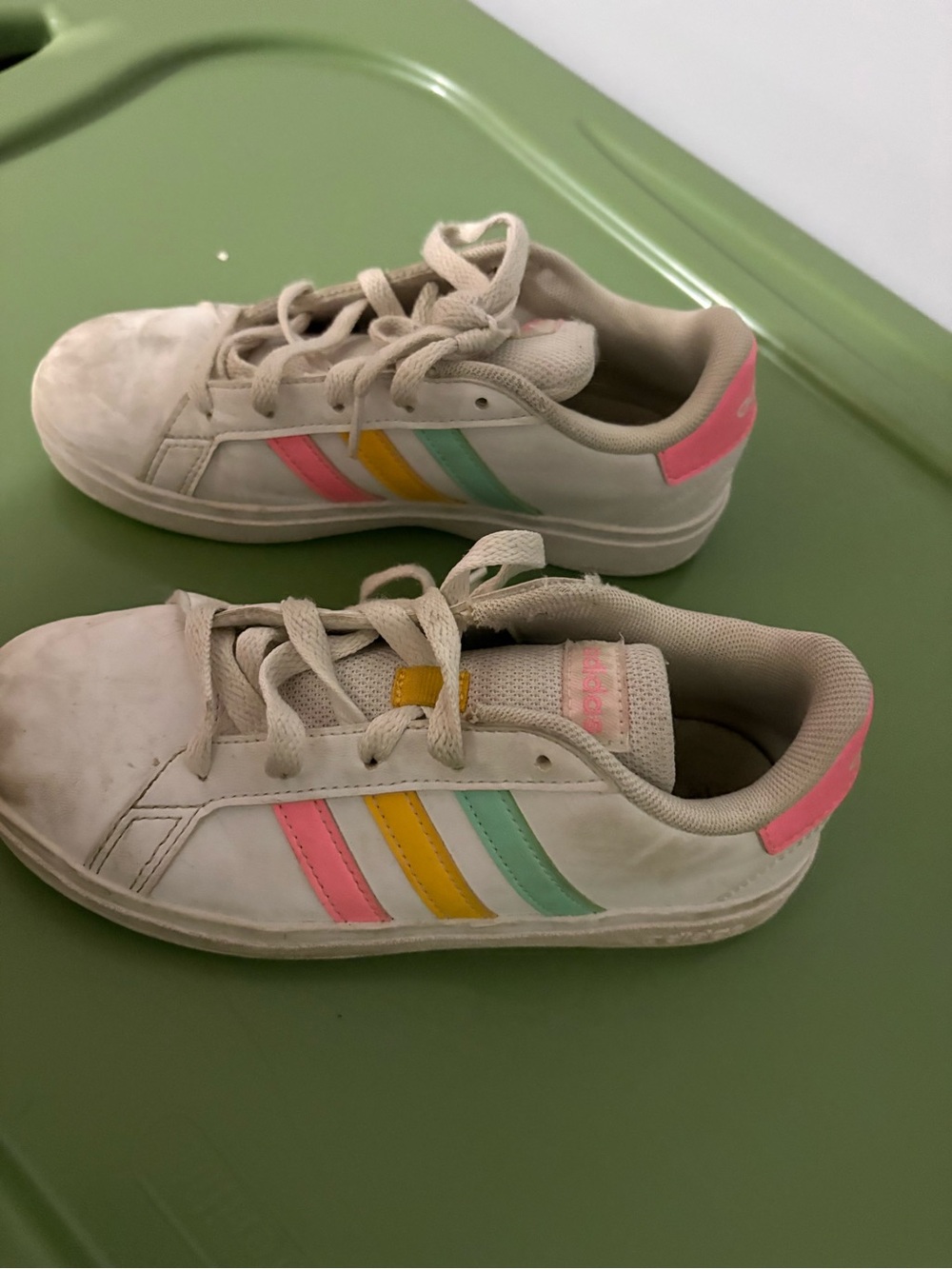 adidas White Kids Sneakers with Pink, Yellow & Mint Stripes